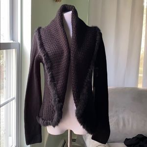 Real rabbit fur trimmed cowl neck sweater